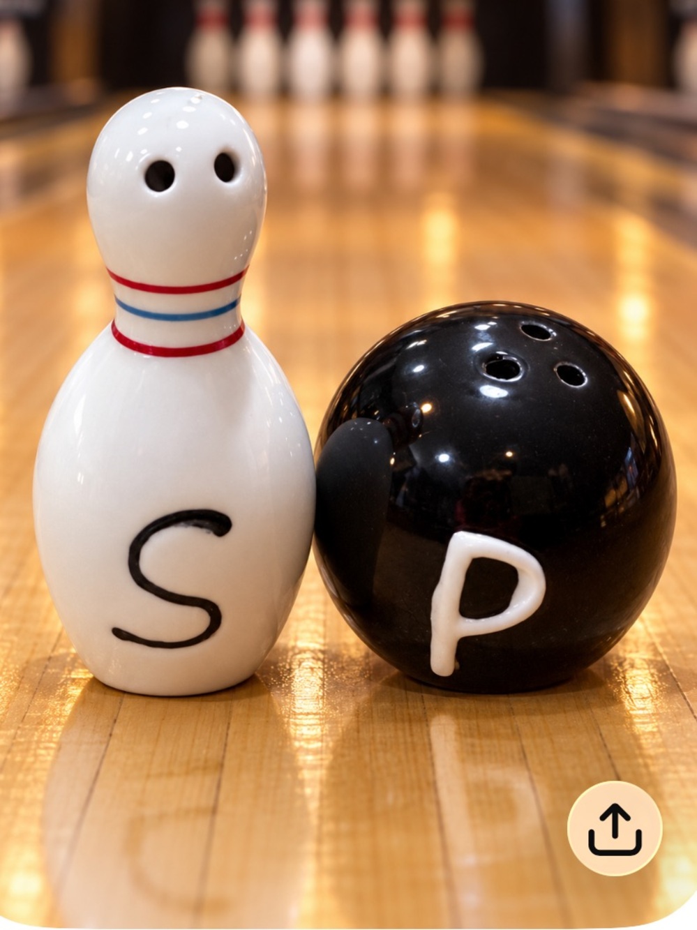 Cracker Barrel Mini Bowling Pin & Ball Salt and Pepper Shakers - White & Black